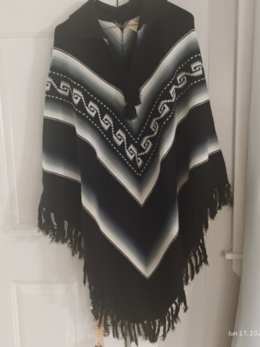 Vintage Handcrafted Acrylic Black and White Striped Poncho Cape